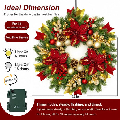 Red 24-Inch Christmas Wreath with Lights & Poinsettias - Pre-Lit