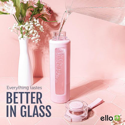 Ello Syndicate 20oz Reusable Glass Water Bottle - One-Touch Leak-Proof Lid, Non-Slip Sleeve | Tech Blue