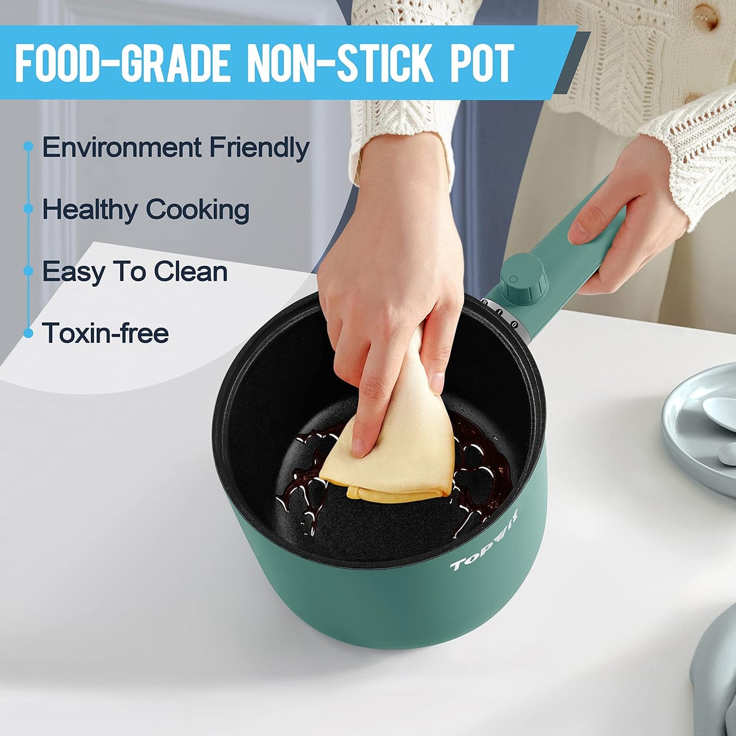 Topwit Electric Hot Pot - 1.5L Portable Ramen Cooker with Non-Stick Frying Pan & Dual Power Control - Green