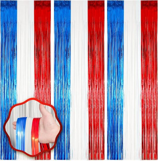 Voircoloria Red, White & Blue Foil Fringe Backdrop Curtains - 3 Pack Tinsel Streamers for Patriotic Celebrations | 3.3 x 8.2 ft