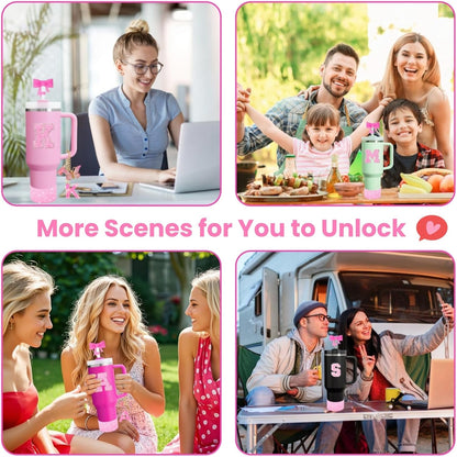 Stanley Cup Accessories Set - 6PCS Pink Initials Decorations for 30oz & 40oz Cups | Includes Bow Straw Topper, Handle Charm, Letter Sticker, Silicone Boot, Spill Proof Stopper (Letter A)