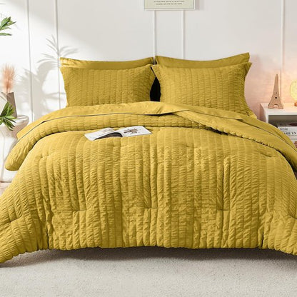 HYMOKEGE Mustard Yellow Full Size Comforter Sets Seersucker 7 Pieces, All Season Luxury Bed in a Bag for Bedroom, Bedding Set with Comforter, Sheets, Pillowcases & Shams