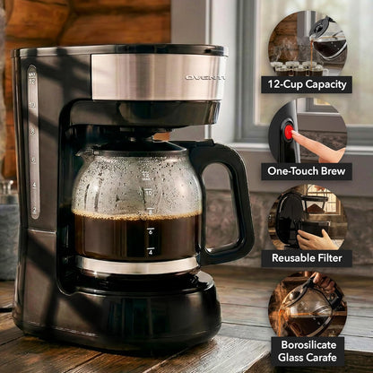 OVENTE 12-Cup Drip Coffee Maker - One-Touch Operation, Anti-Drip System, Black | Borosilicate Glass Carafe