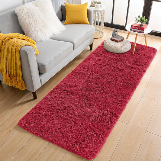 OLANLY Runner Rugs - Soft, Fluffy & Machine Washable | 2x8 ft Red Shaggy Carpet for Hallway & Bedroom Decor