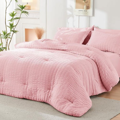 HYMOKEGE Pink King Size Comforter Set Seersucker 7 Pieces, All Season Luxury Bed in a Bag for Bedroom, Bedding Set with Comforters, Sheets, Pillowcases & Shams