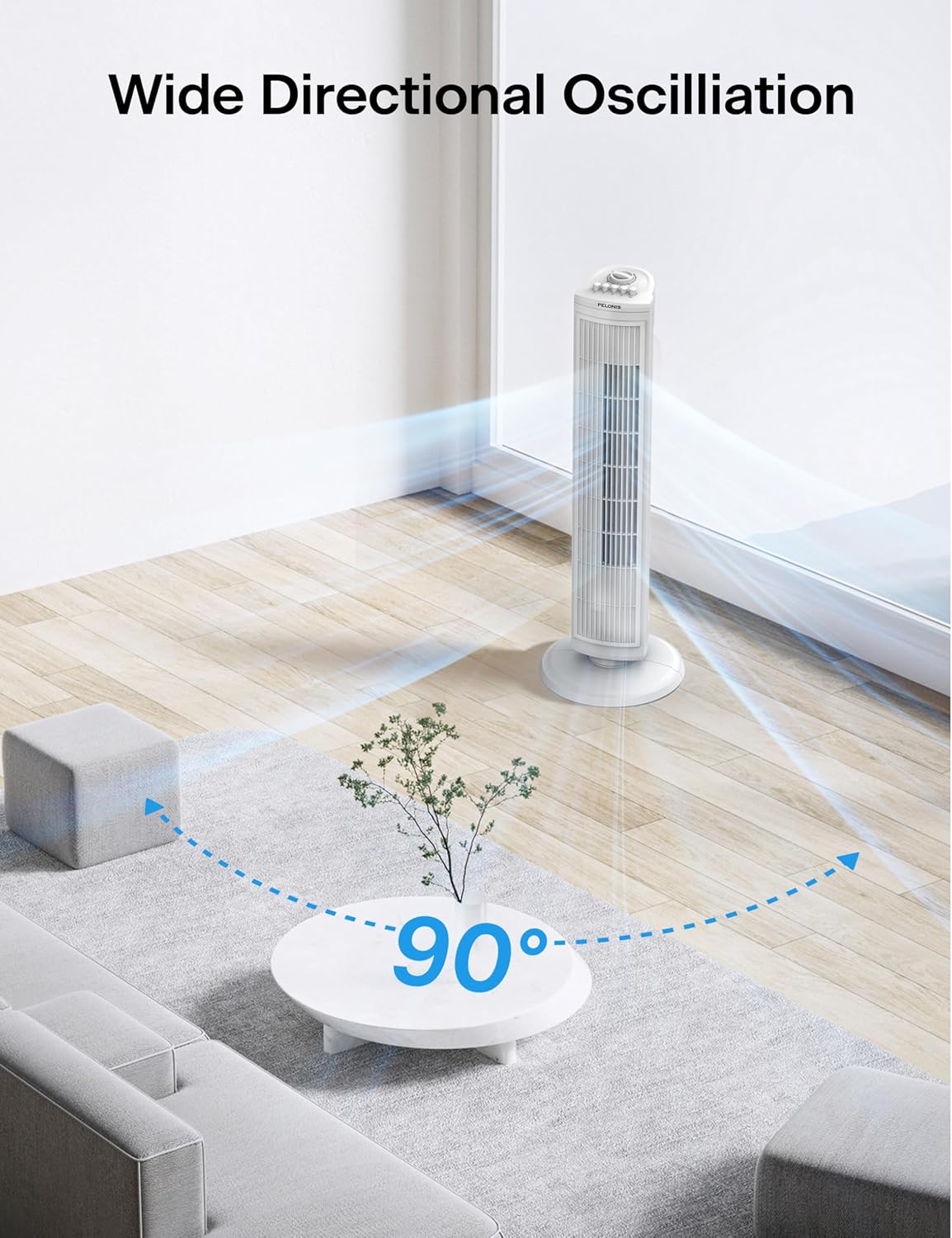 PELONIS 30-Inch Oscillating Tower Fan - 3 Speed Settings & Auto-Off Timer | Stylish White Design