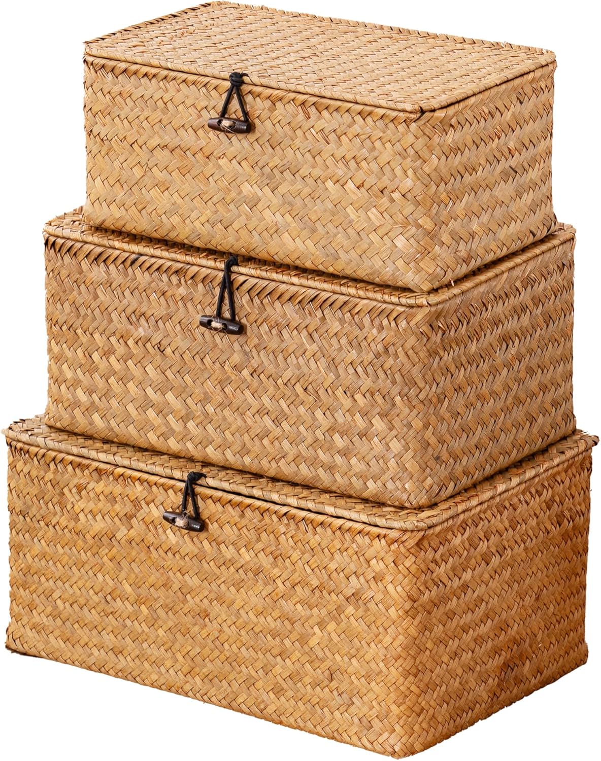 Nonam Storage Basket Set - Natural Seagrass Bins with Lids for Boho Home Organization | Set of 3 Rectangular Baskets