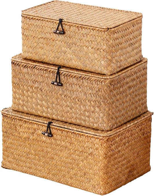 Nonam Storage Basket Set - Natural Seagrass Bins with Lids for Boho Home Organization | Set of 3 Rectangular Baskets