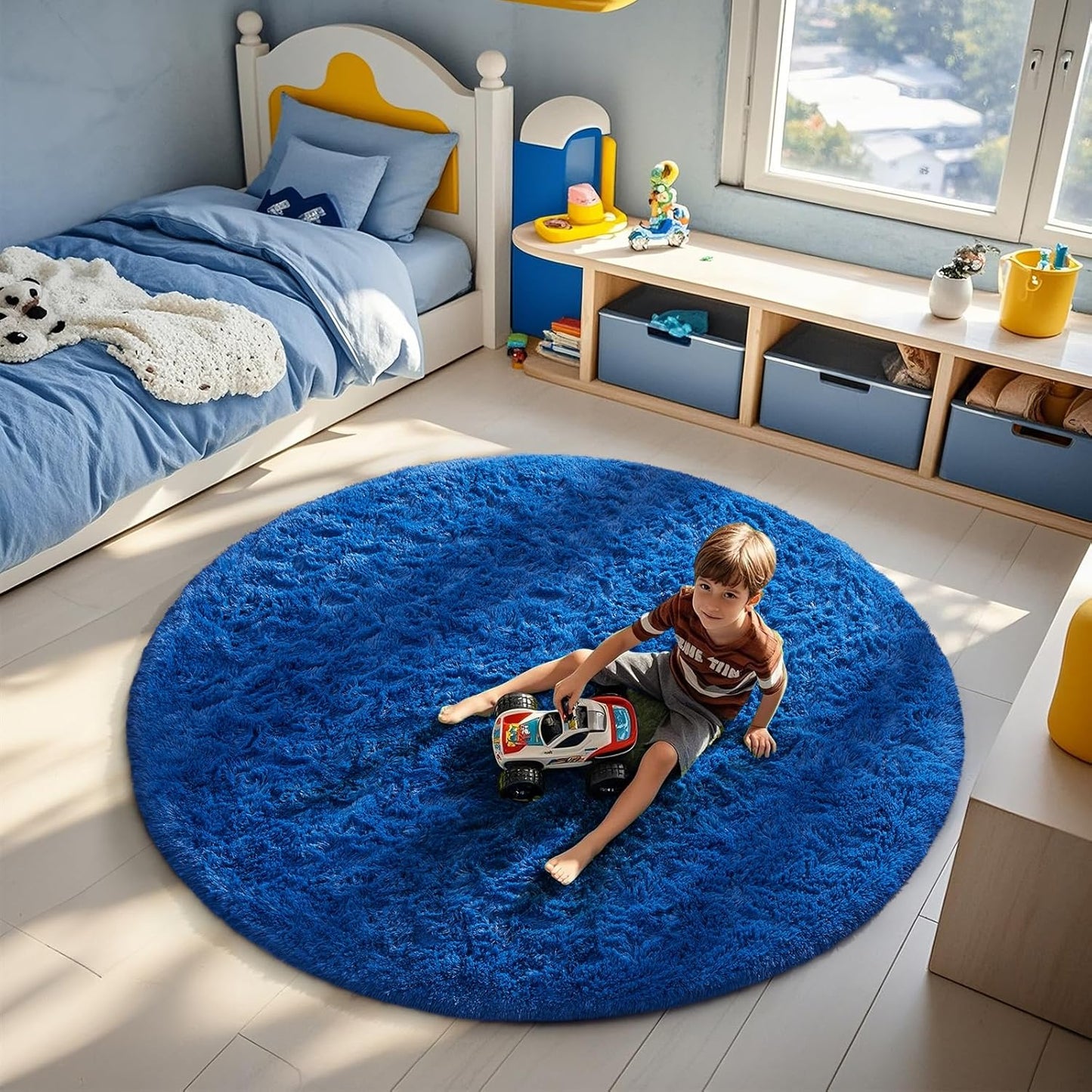 Ophanie Round Rug - 6Ft Blue Circle Area Rug | Fluffy Soft Shaggy Carpet for Kids' Rooms