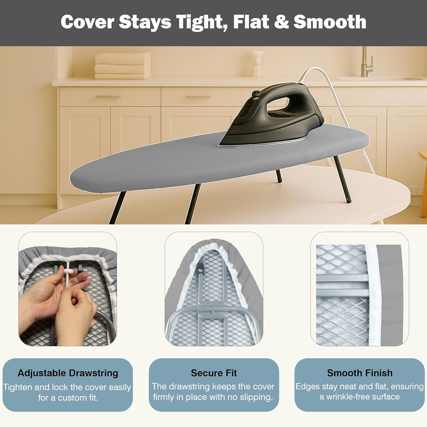 UniSimp Small Ironing Board Cover - Heat Resistant Cotton Canvas Pad | 12"x32" Gray Drawstring Design