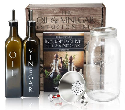 Craft Connections Co Olive Oil & Vinegar Infusion Kit - Book with 40 Recipes, Set of Green Glass Bottles with Dispensers, Mason Jar, Funnel & Strainer, and Thermometer