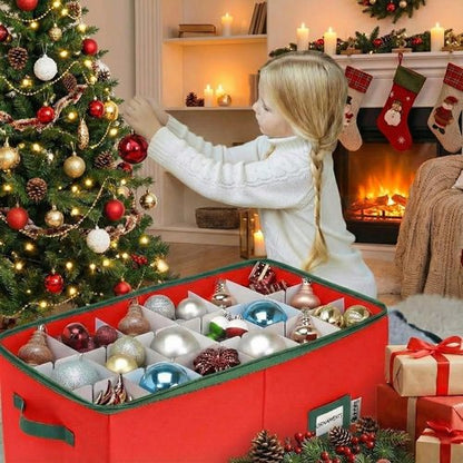 Christmas Ornament Storage Container - Large Red Organizer Bin with Dividers for 54 Ornaments
