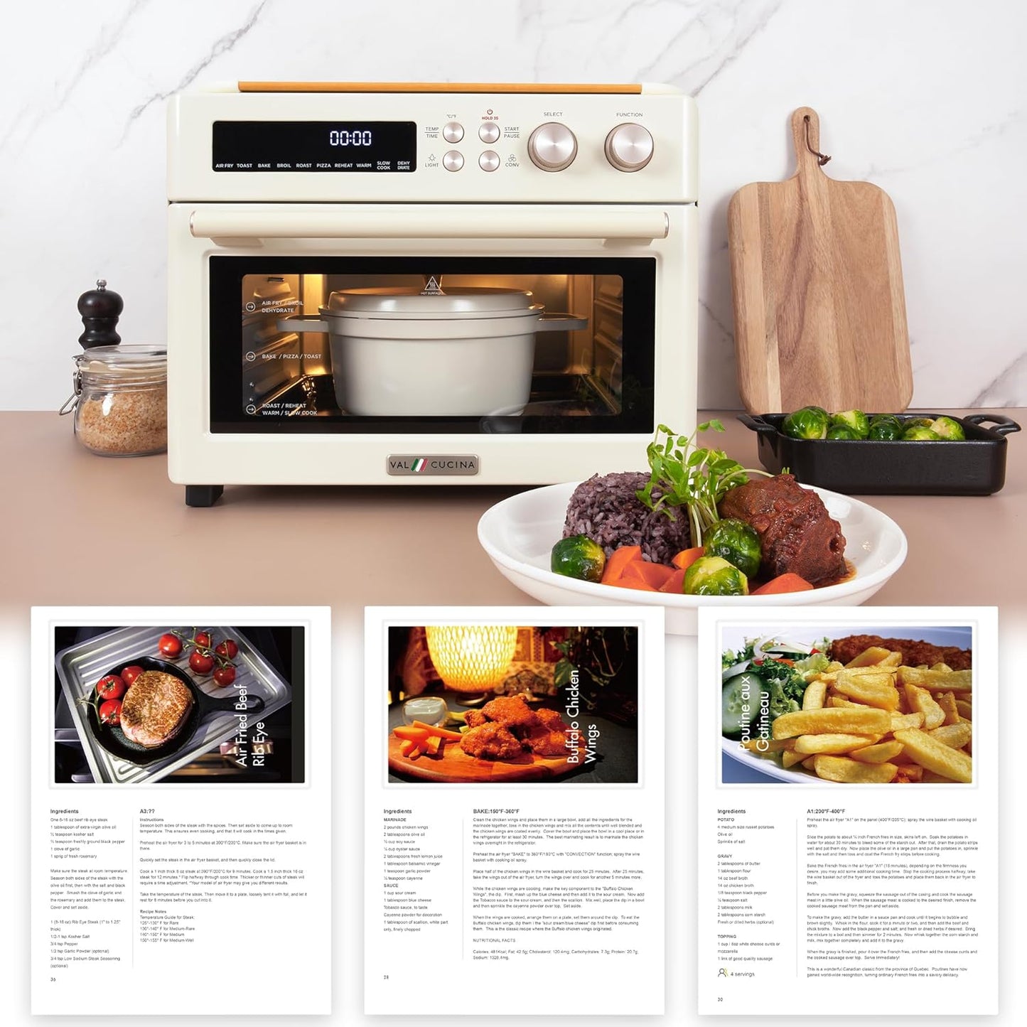Val Cucina Retro Style Infrared Heating Air Fryer Toaster Oven - Extra Large 10-in-1 Convection Oven | Almond Yellow, Easy Clean with Recipe Book