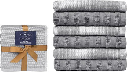 Bumble Premium Dish Cloths - Highly Absorbent 100% Natural Cotton | 13"x13" | 6 Pack - Soft Grey Terry Set