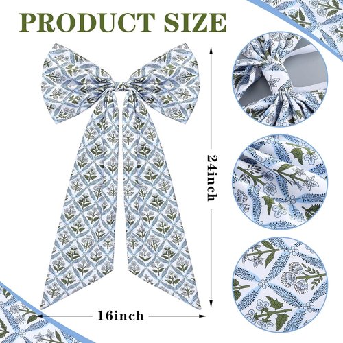 HunnmingRe Christmas Wreath Sash - 24 x 16 Inch Blue Block Print Bow for Indoor/Outdoor Decor