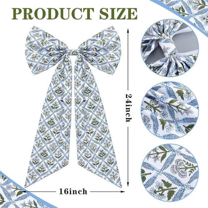 HunnmingRe Christmas Wreath Sash - 24 x 16 Inch Blue Block Print Bow for Indoor/Outdoor Decor