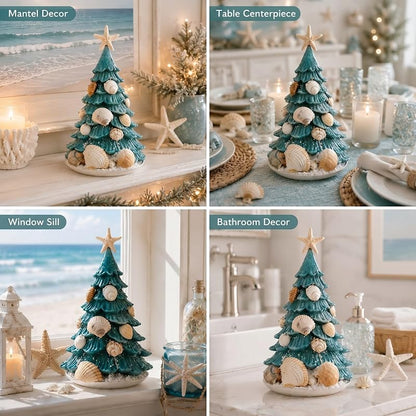 Coastal Christmas Tree Decor - 7.9'' Seashell Resin Tabletop Holiday Figurine