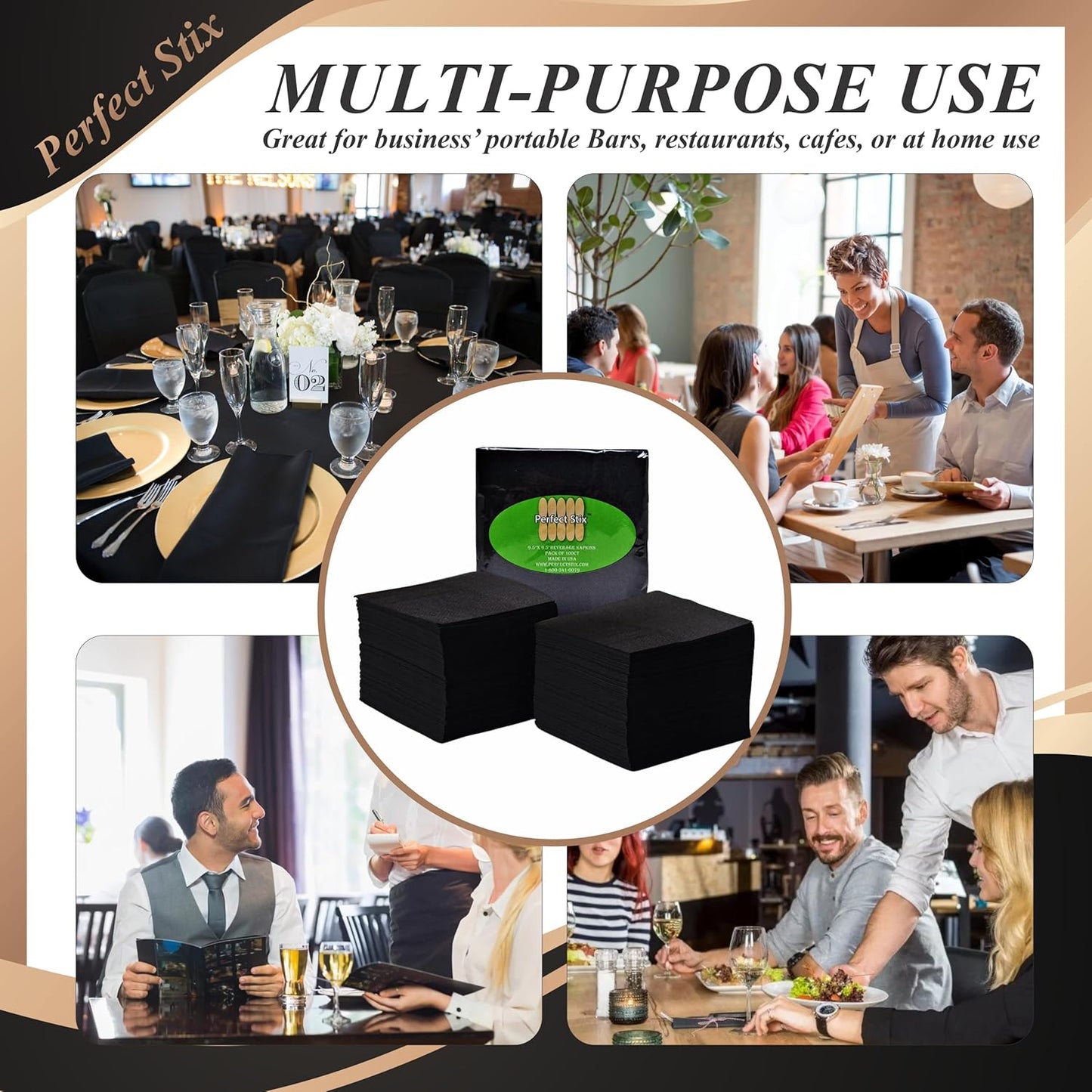 Perfect Stix - 2 Ply Black Napkin-100ct Paper Cocktail Beverage Napkins, 2-Ply, Black (Pack of 100)