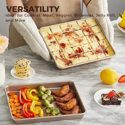 HONGBAKE Non-Stick Toaster Oven Pans - 2 Pack 11 x 9 Inch Heavy-Duty Baking Sheets | Easy to Clean, Gold