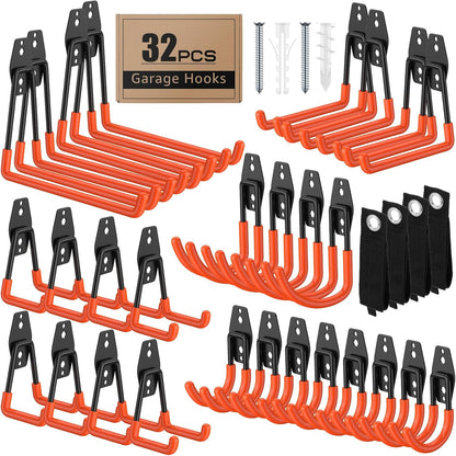 Skiennix 32 Pack Garage Hooks - Heavy Duty Wall Mount with Anti-Slip Coating for Storage & Organization