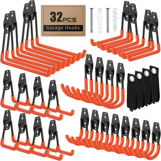 Skiennix 32 Pack Garage Hooks - Heavy Duty Wall Mount with Anti-Slip Coating for Storage & Organization