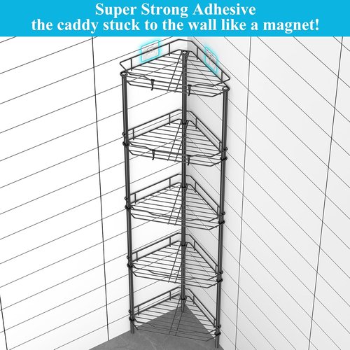 HuggieGems 5-Tier Corner Shower Caddy Organizer - Stylish Matt Black Bathroom Shelf Stand with Hooks