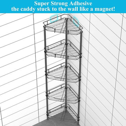 HuggieGems 5-Tier Corner Shower Caddy Organizer - Stylish Matt Black Bathroom Shelf Stand with Hooks