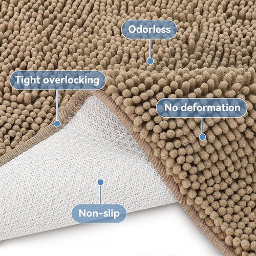 Bcoimo 24x17 Chenille Bath Mat – Non-Slip with Backing Bath Rug Ultra-Absorbent and Machine Washable Bathroom Mat Quick-Dry Design. Ideal for Bathroom Shower and Tub Areas