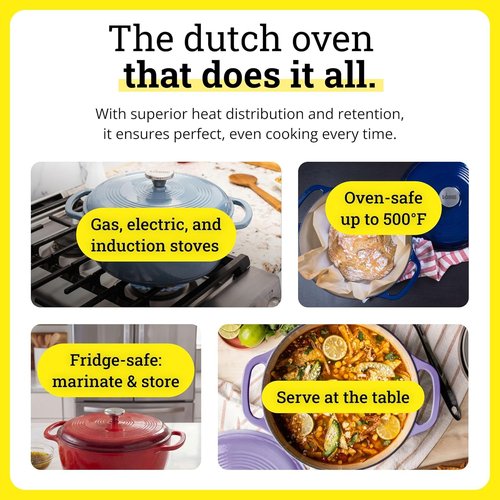 Lodge Essential Enamel Cast Iron Dutch Oven - 6 Quart Moisture-Sealing Lid & Dual Handles - Apricot