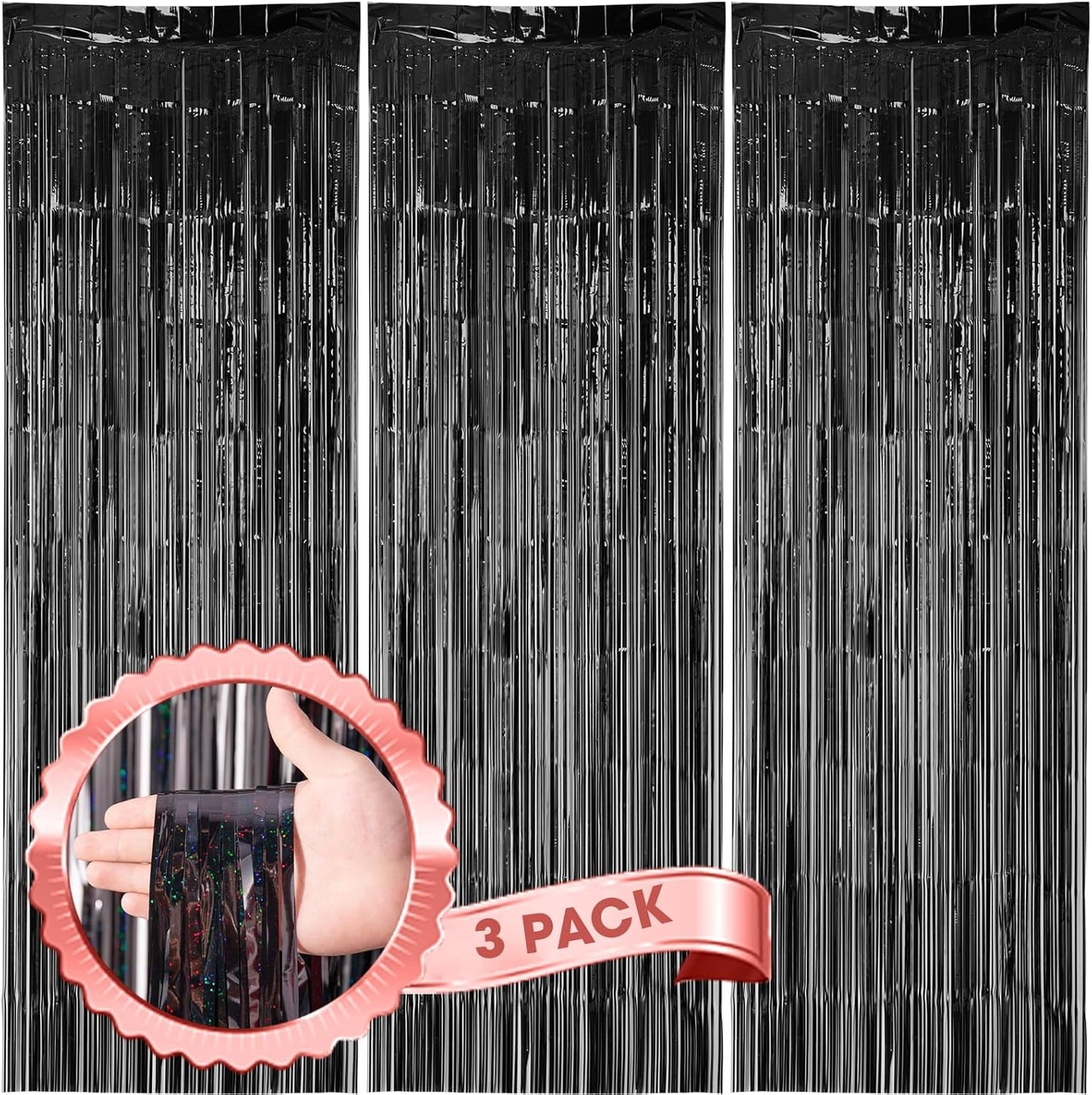 Voircoloria Laser Black Foil Fringe Backdrop Curtains - 3 Pack 3.3 x 8.2 ft Tinsel Streamers for Parties