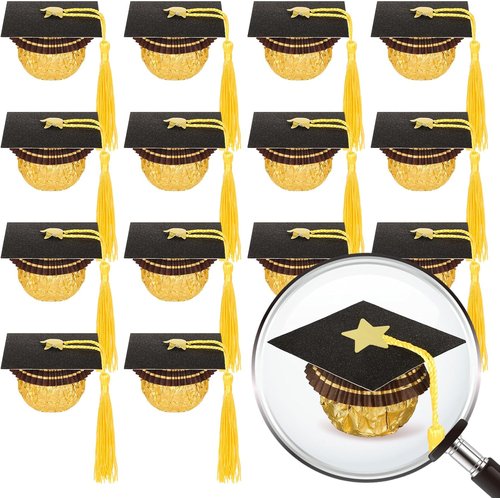 FYSUIMU Graduation Cap Cupcake Toppers - 60 Sets of Mini Black Grad Hats with Tassels & Stickers