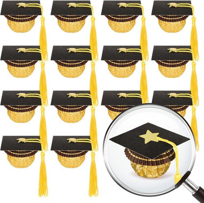 FYSUIMU Graduation Cap Cupcake Toppers - 60 Sets of Mini Black Grad Hats with Tassels & Stickers