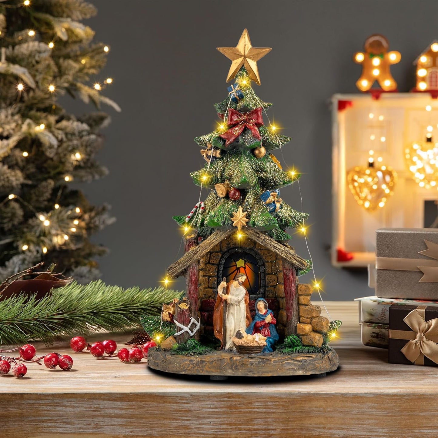 VISFLAIR 12'' Lighted Christmas Nativity Scene - Musical Holy Family Figurines with LED Lights