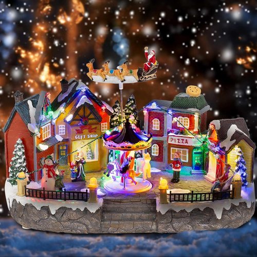 Animated Christmas Village Scene - Santa Sleigh, LED Lights & Rotating Carousel | Musical Holiday Display
