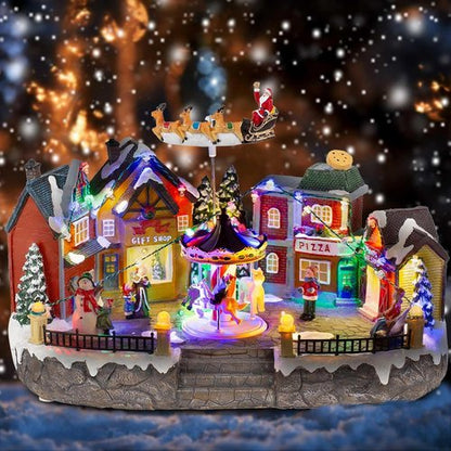 Animated Christmas Village Scene - Santa Sleigh, LED Lights & Rotating Carousel | Musical Holiday Display