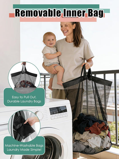 WTREE Laundry Hamper - Sturdy 100L Collapsible Basket with Lid & Removable Liner - Grey