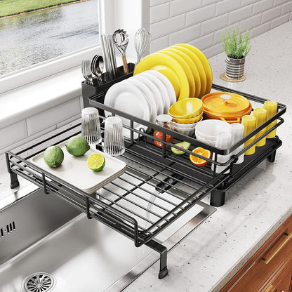 SNTD Dish Drying Rack - Extendable Stainless Steel Dish Drainer with Utensil Holder | Black