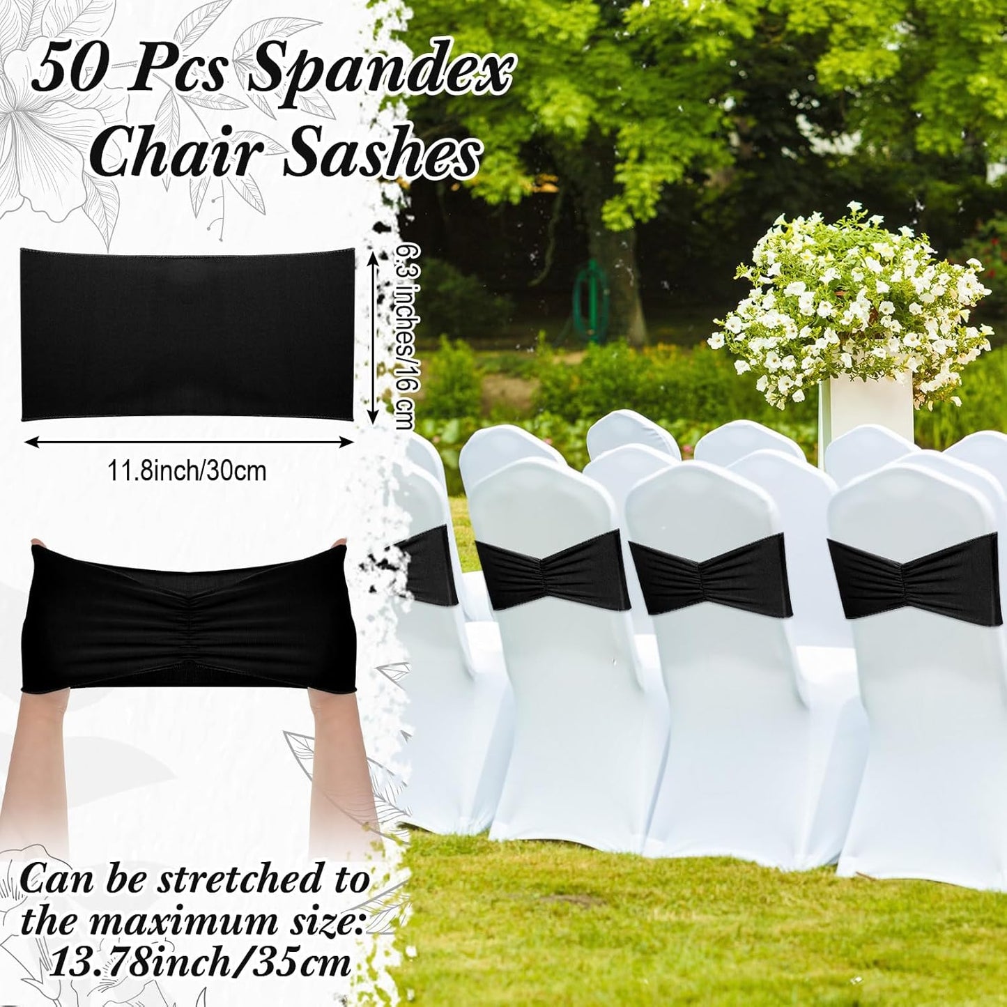 Moukeren Spandex Chair Sashes - 150 Pcs Elastic Ribbon Seat Ties for Weddings & Events | Black