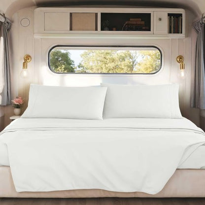 Hearth & Harbor Short Queen Sheets for RV, Off White RV Queen Sheets, Silky Soft 1800 Microfiber Bed Sheet for Camper, 4 Piece RV Bedding with Pillowcases