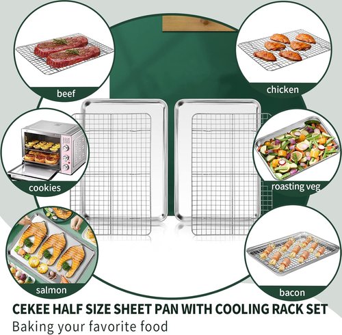 CEKEE Stainless Steel Half Sheet Pans Set - 2 Large Baking Sheets with Racks | Rust & Warp Resistant, 18 Inch