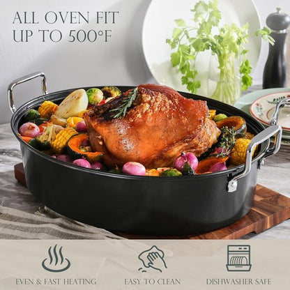 KITESSENSU Extra Large Roasting Pan with Lid - Nonstick Turkey Roaster with Rack - 18.5 x 14.5 In, Heavy Duty Grey