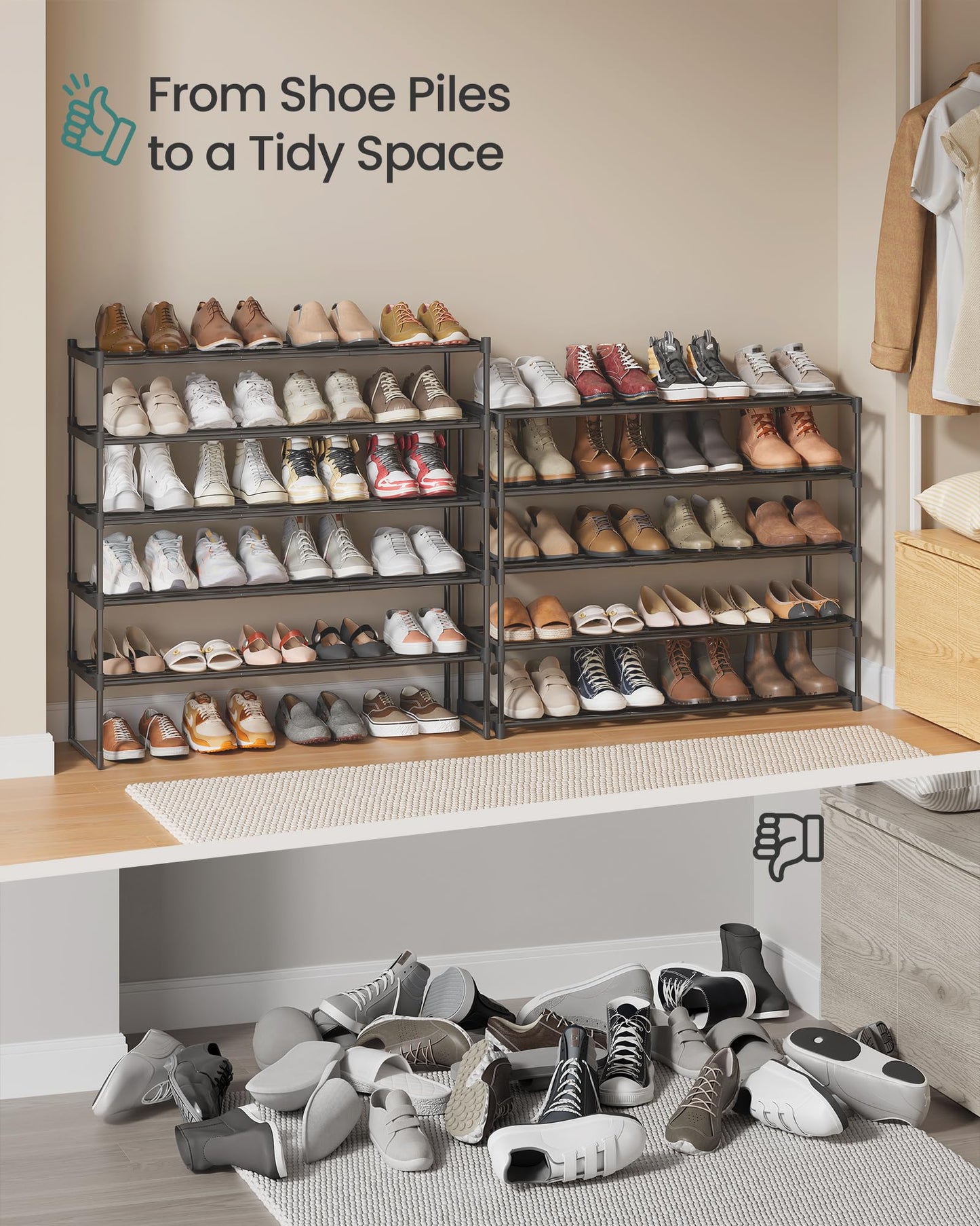 SONGMICS Shoe Rack, 10-Tier Shoe Organizer, Metal Storage Shelf, Upright or Upside Down, for 44-55 Pairs, for Entryway, 11.8 x 36.2 x 68.1 Inches, Black ULSA011B01