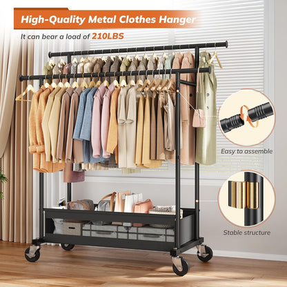 Skiennix Double Rod Clothing Rack - Heavy Duty Rolling Garment Rack with Storage Basket | Black