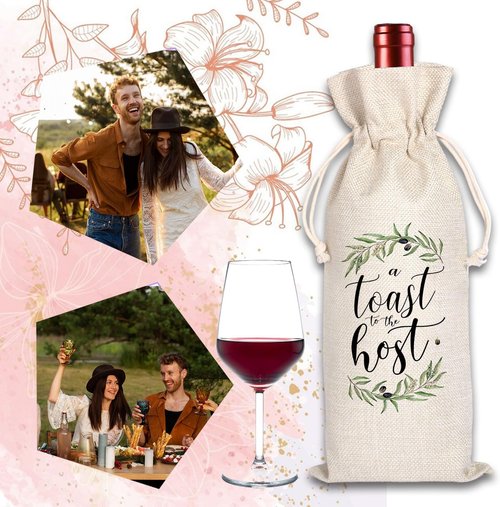 A Toast For the Host Wine Bag, Housewarming, Party Decor, Bridal Shower, Gift for Her, Hostess, Wedding, Girls Night, Holiday, Thank you Gift (Beige, 13.5 x 5.5Inches)