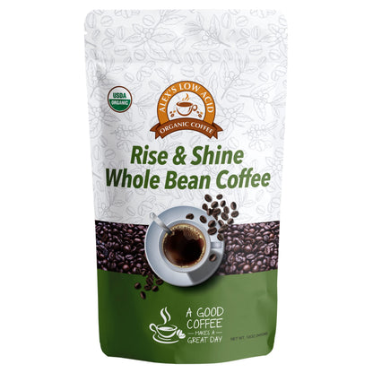 Alex's Low Acid Organic Coffee 12oz Bag - Rise and Shine Whole Bean (Pack of 1)