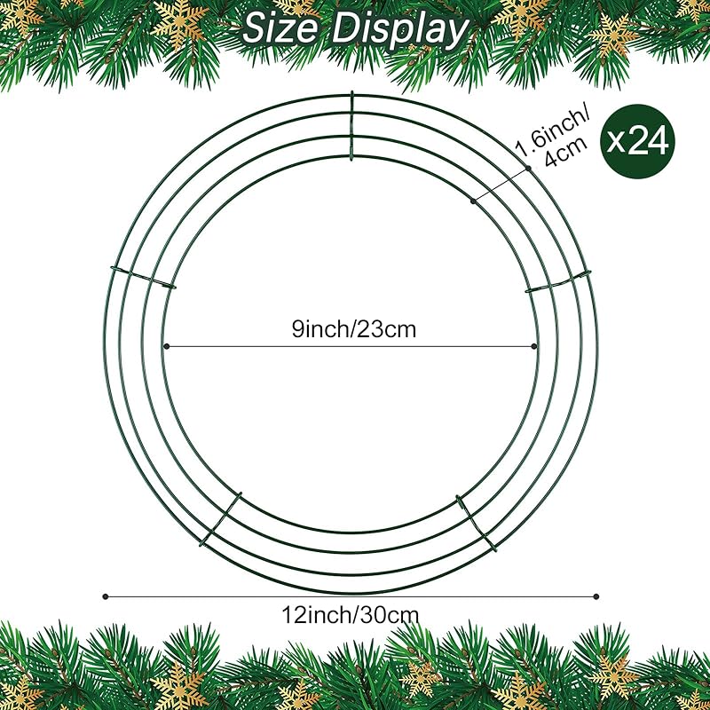 Aodaer 24 Pack 12 Inch Christmas Wire Wreath Frames - Green Metal Ring