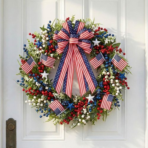 Large Patriotic Wreath Bow - 4th of July Decorations | Red, White & Blue American Flag Wired Ribbon