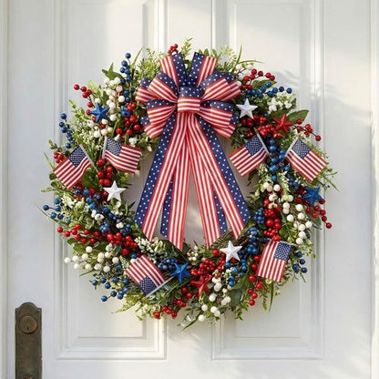Large Patriotic Wreath Bow - 4th of July Decorations | Red, White & Blue American Flag Wired Ribbon