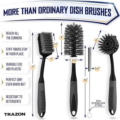 Skiennix Dish Brush Set of 4 - Non-Slip Kitchen Scrub Brushes for Easy Cleaning | Black