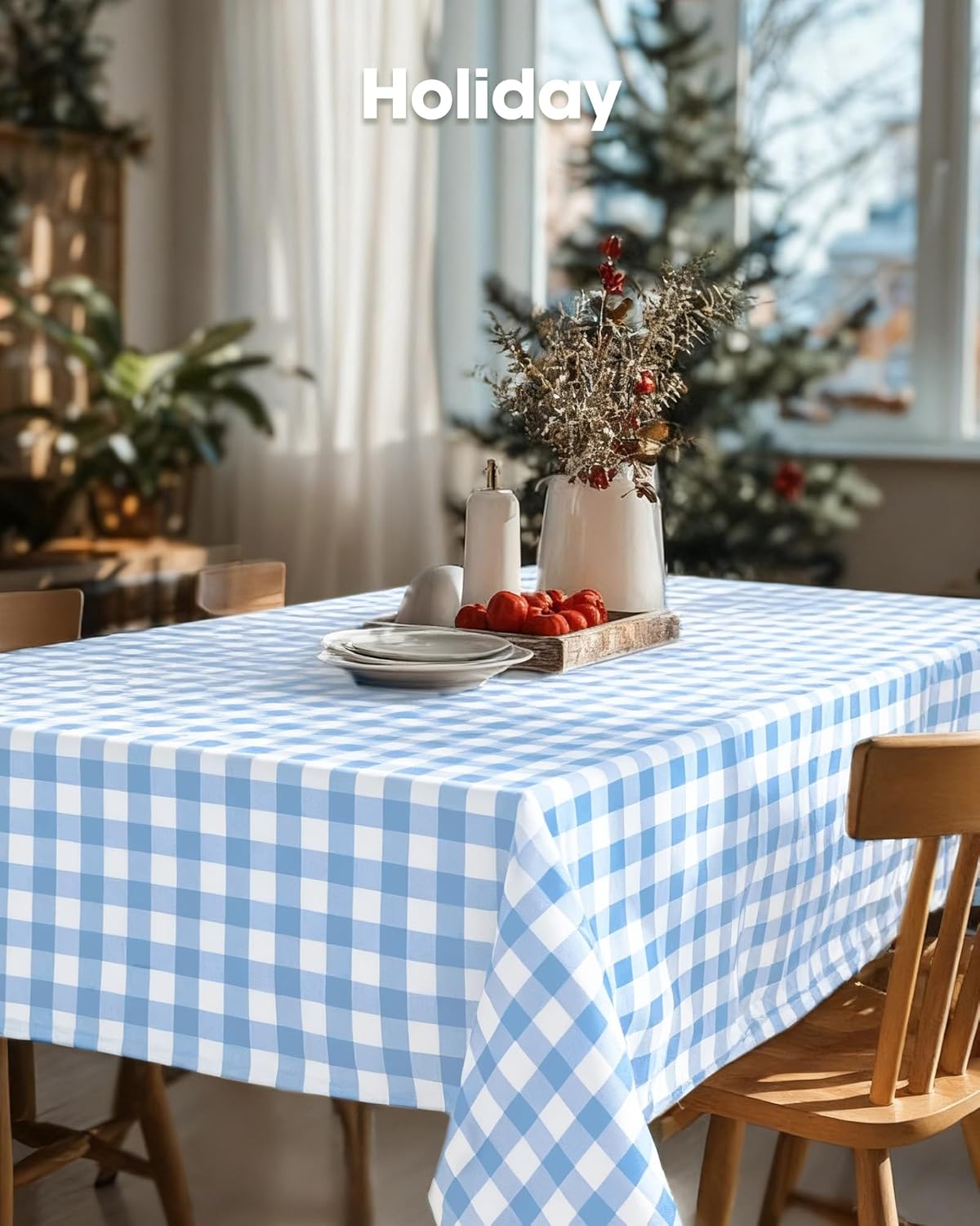 Pureegg Disposable Plastic Tablecloths - 8 Pack, 54 x 108 Inch, Leakproof Blue & White Gingham Design